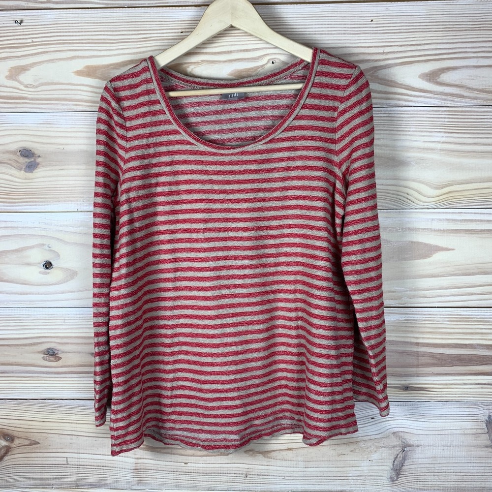 J Jill Top Women Medium‎ Red Striped Terry Knit Scoop Neck Long Sleeve Pullover